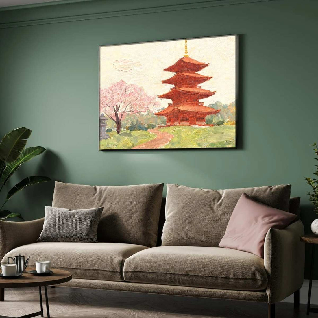 Japanese Pagoda and Cherry Blossom Painting | Horizontal Landscape Framed Wall Art 2 : 3 Horizontal Premium Wall Art Canvas by MeriDeewar