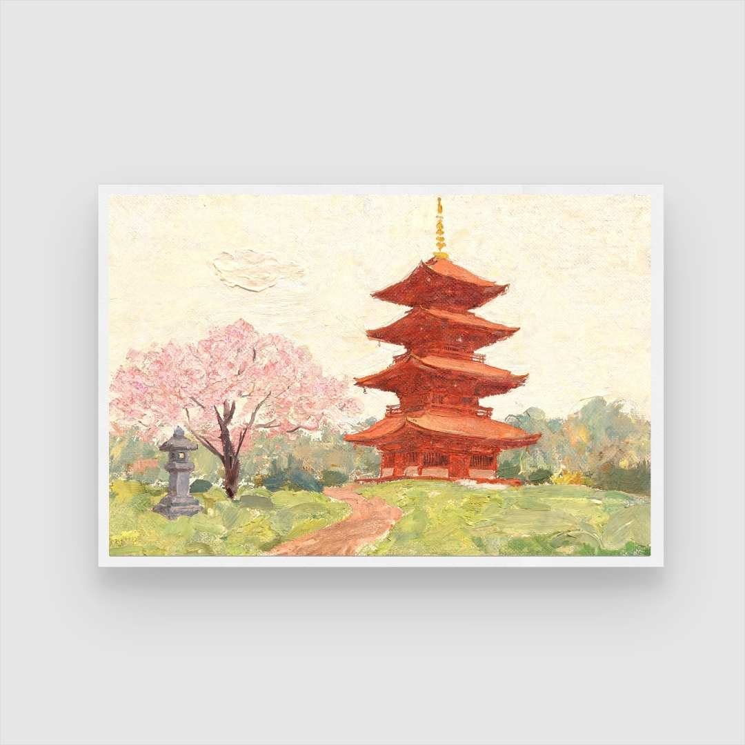 Japanese Pagoda and Cherry Blossom Painting | Horizontal Landscape Framed Wall Art 2 : 3 Horizontal Premium Wall Art Canvas by MeriDeewar