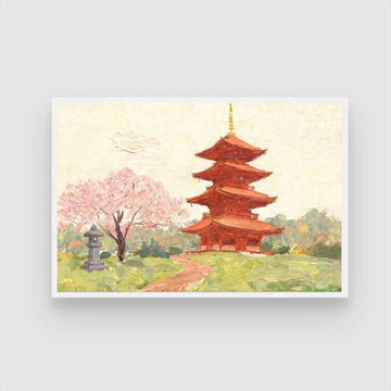 Japanese Pagoda and Cherry Blossom Painting | Horizontal Landscape Framed Wall Art 2 : 3 Horizontal Premium Wall Art Canvas by MeriDeewar