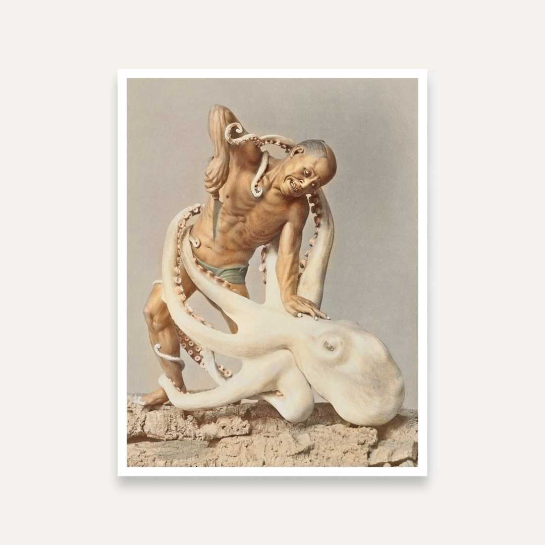 Japanese Wood Carving Sculpture Wall Painting | Man vs Octopus Art Print for Living Room 3 : 4 Vertical Premium Wall Art Canvas by MeriDeewar
