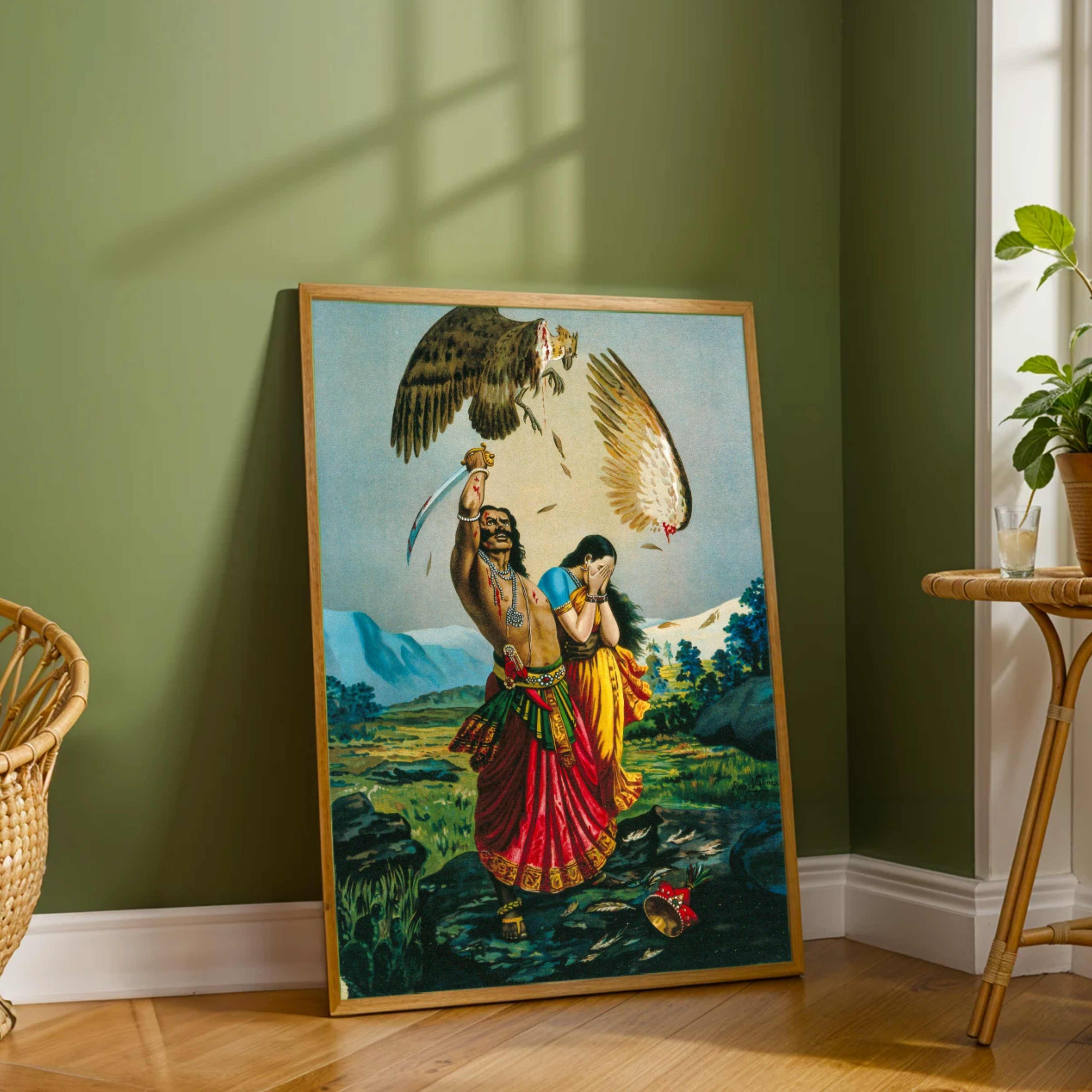 Jatayu Vadham Ramayan Painting for Living Room – Raja Ravi Varma Wall Art | MeriDeewar 3 : 4 Vertical Premium Wall Art Canvas by MeriDeewar