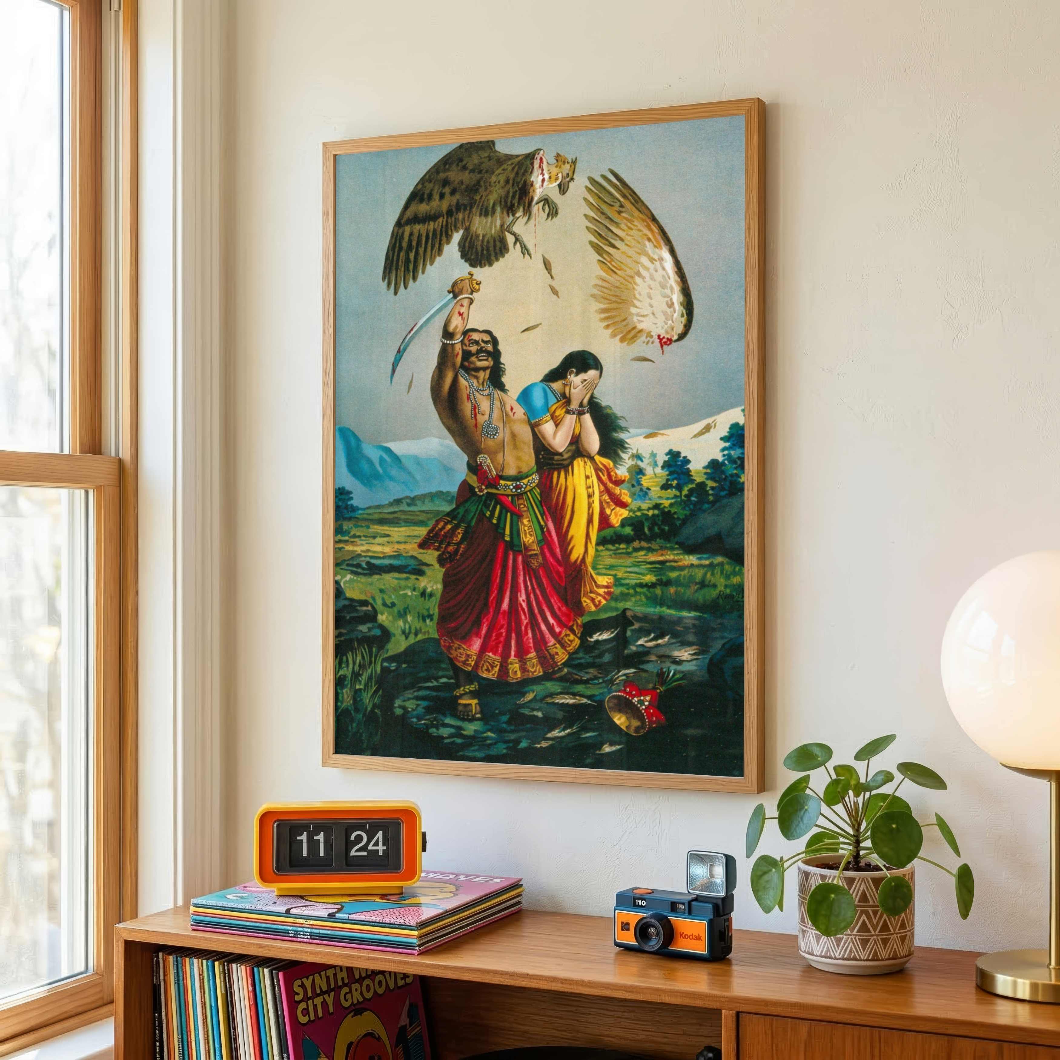 Jatayu Vadham Ramayan Painting for Living Room – Raja Ravi Varma Wall Art | MeriDeewar 3 : 4 Vertical Premium Wall Art Canvas by MeriDeewar