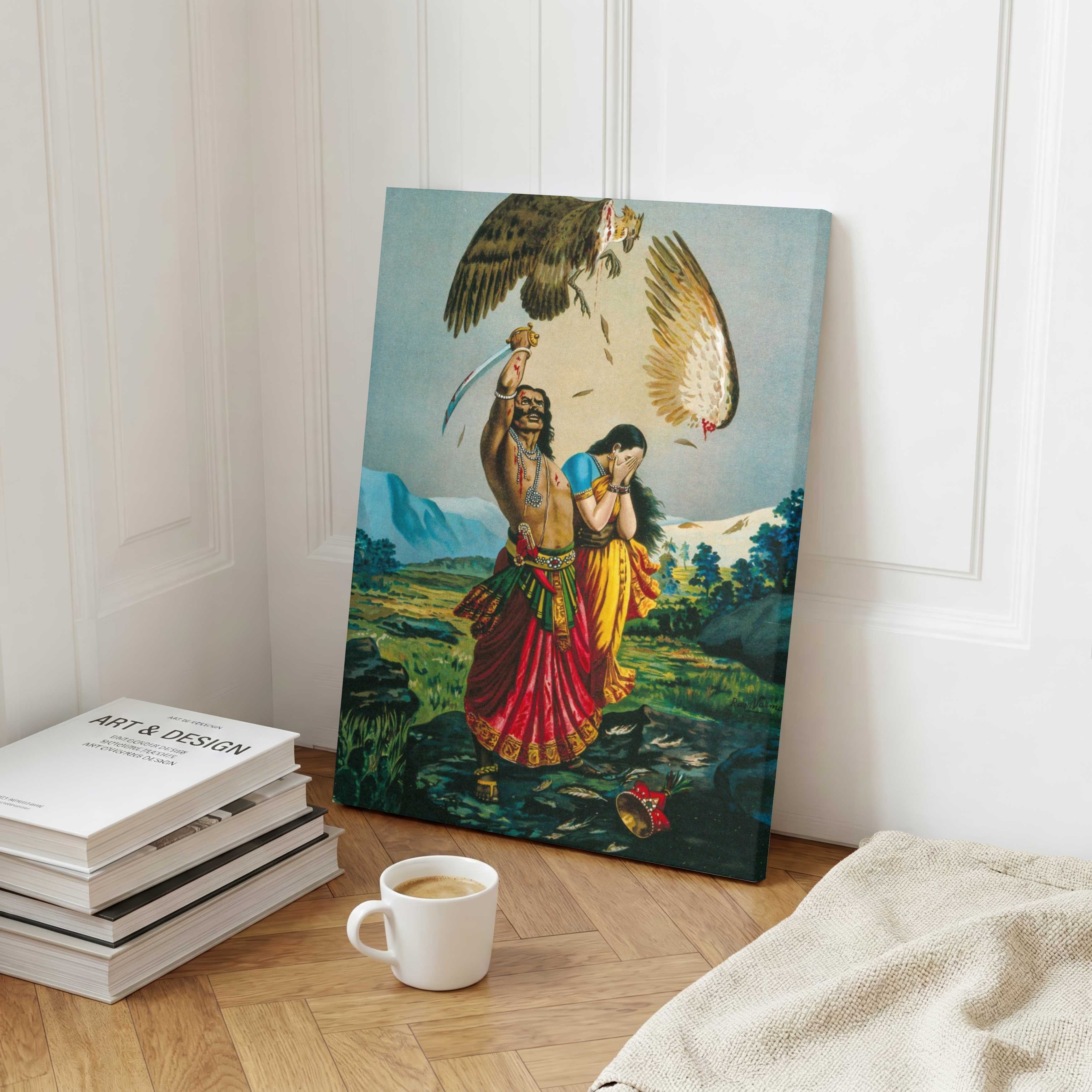 Jatayu Vadham Ramayan Painting for Living Room – Raja Ravi Varma Wall Art | MeriDeewar 3 : 4 Vertical Premium Wall Art Canvas by MeriDeewar
