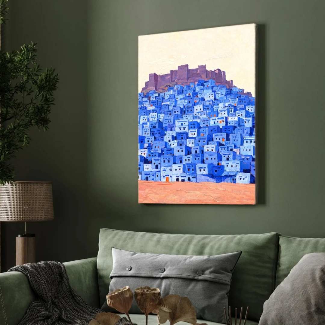 Jodhpur Blue City Mehrangarh Fort Painting | Vertical Heritage Framed Wall Art 2 : 3 Vertical Premium Wall Art Canvas by MeriDeewar