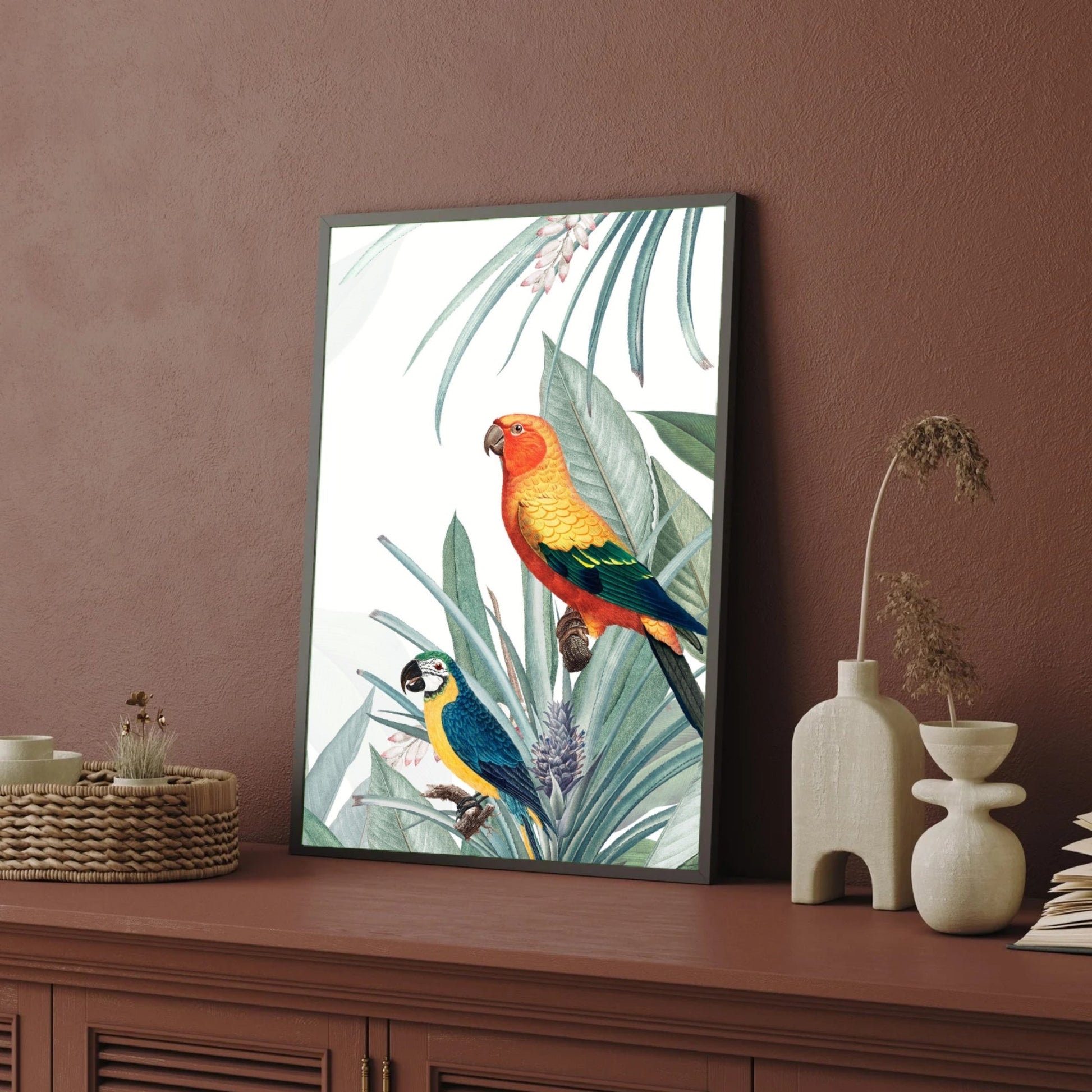 Jungle Melody – Exotic Parrot Wall Décor 2 : 3 Vertical Premium Wall Art Canvas by MeriDeewar