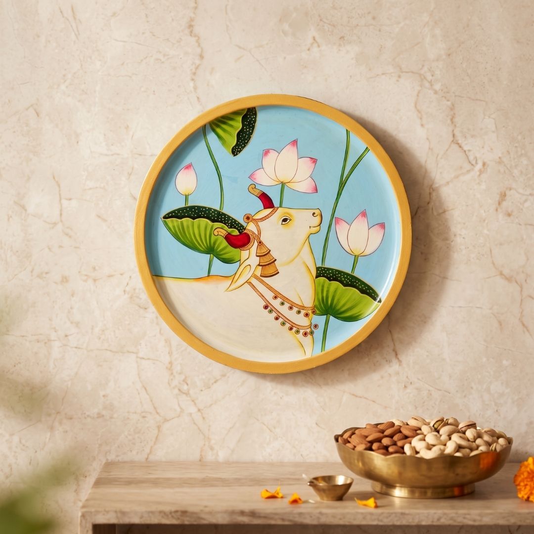 Kamal Kunj Gaumata | Hand-Painted Pichwai Cow & Lotus Wall Art Curate Premium Wall Art Canvas by MeriDeewar