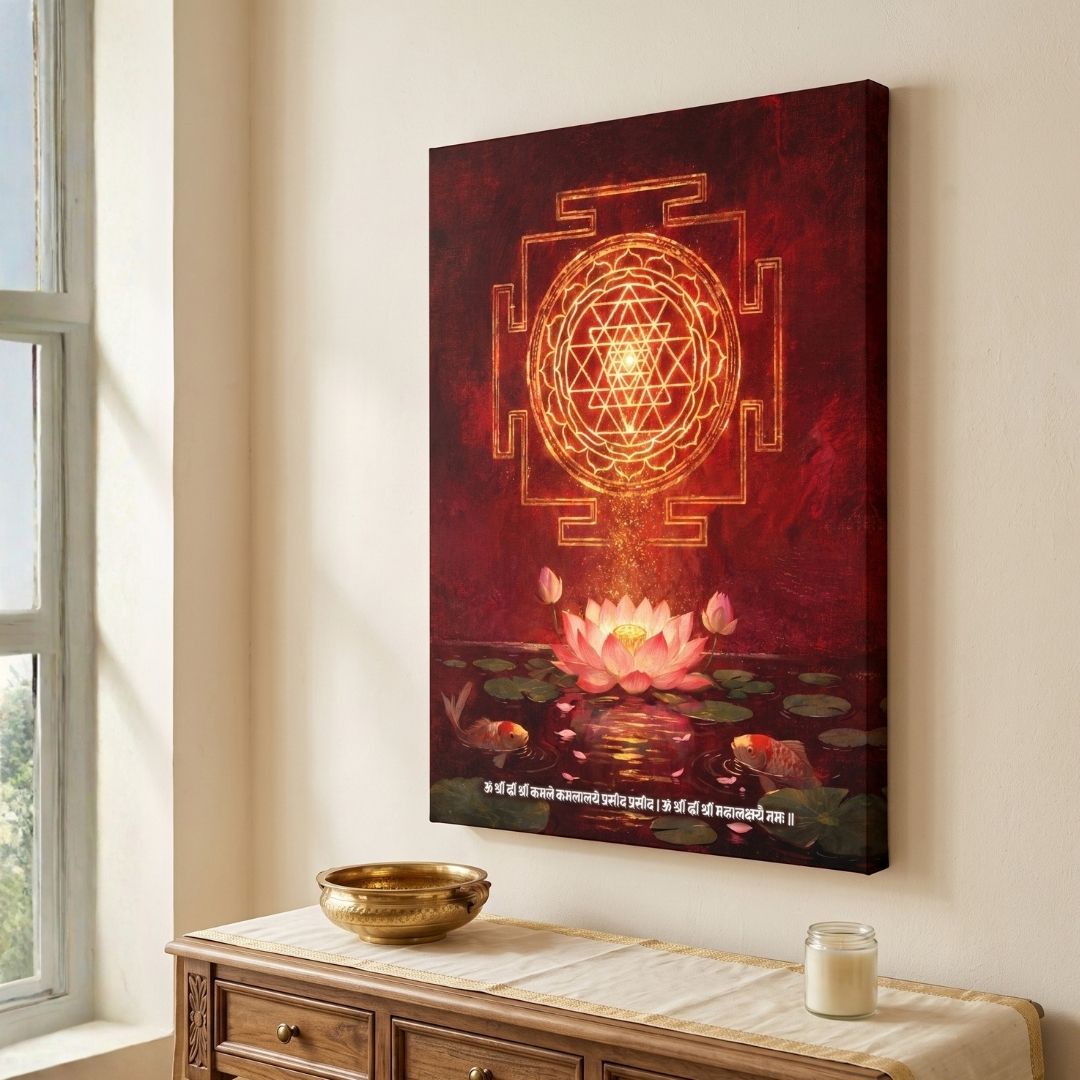 Kamalalaya | Sacred Sri Yantra & Mahalakshmi Mantra Vertical Canvas Art Curate Premium Wall Art Canvas by MeriDeewar