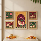 Kamalika | Pichwai Sacred Cow Indian Heritage Set of 5 Framed Art Curate Premium Wall Art Canvas by MeriDeewar