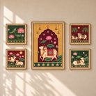 Kamalika | Pichwai Sacred Cow Indian Heritage Set of 5 Framed Art Curate Premium Wall Art Canvas by MeriDeewar