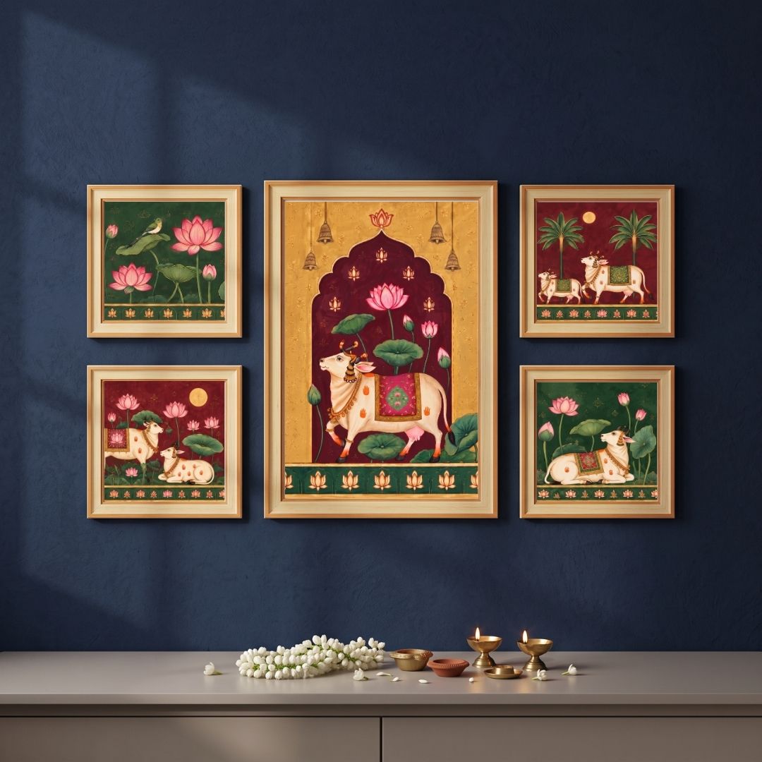 Kamalika | Pichwai Sacred Cow Indian Heritage Set of 5 Framed Art Curate Premium Wall Art Canvas by MeriDeewar