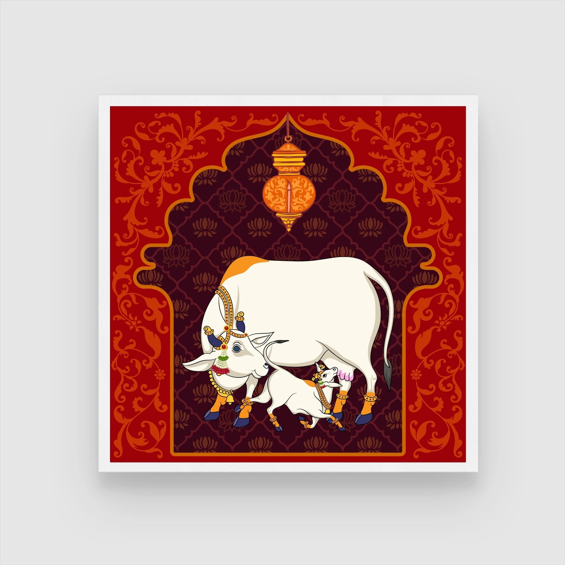 Kamdhenu Cow Painting - Traditional Art for MeriDeewar.com 1 : 1 Square Premium Wall Art Canvas by MeriDeewar