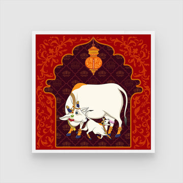 Kamdhenu Cow Painting - Traditional Art for MeriDeewar.com 1 : 1 Square Premium Wall Art Canvas by MeriDeewar