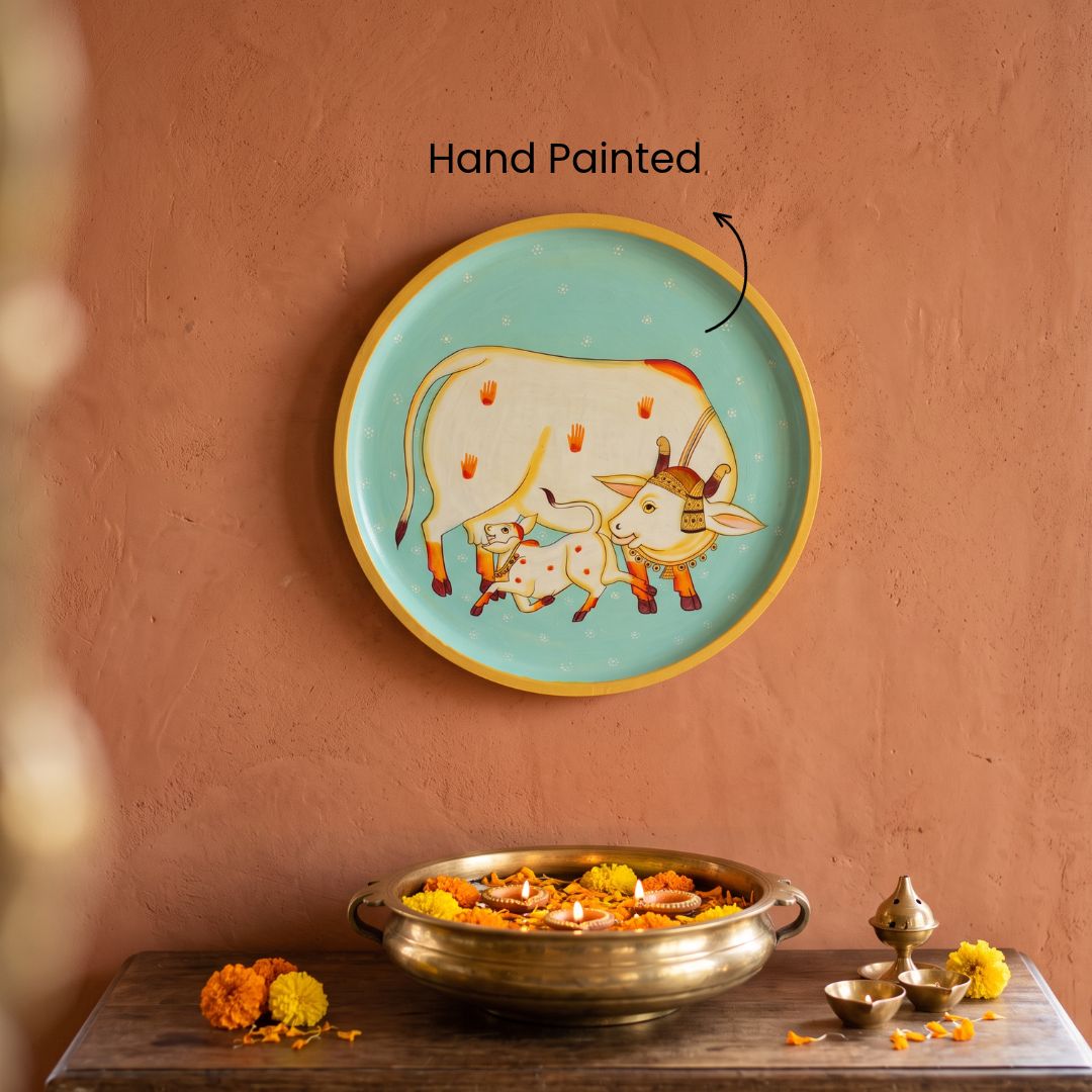 Kamdhenu & Vatsa | Hand-Painted Pichwai Cow Wall Art Curate Premium Wall Art Canvas by MeriDeewar