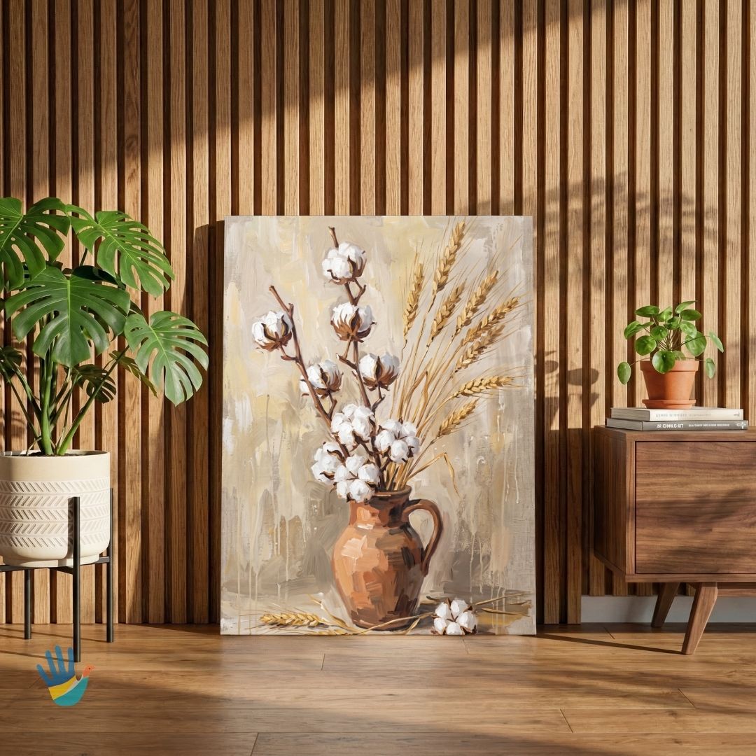 Kapas & Gehun in Terracotta | Raw Cotton & Wheat Still Life Wall Art 2 : 3 Vertical Premium Wall Art Canvas by MeriDeewar