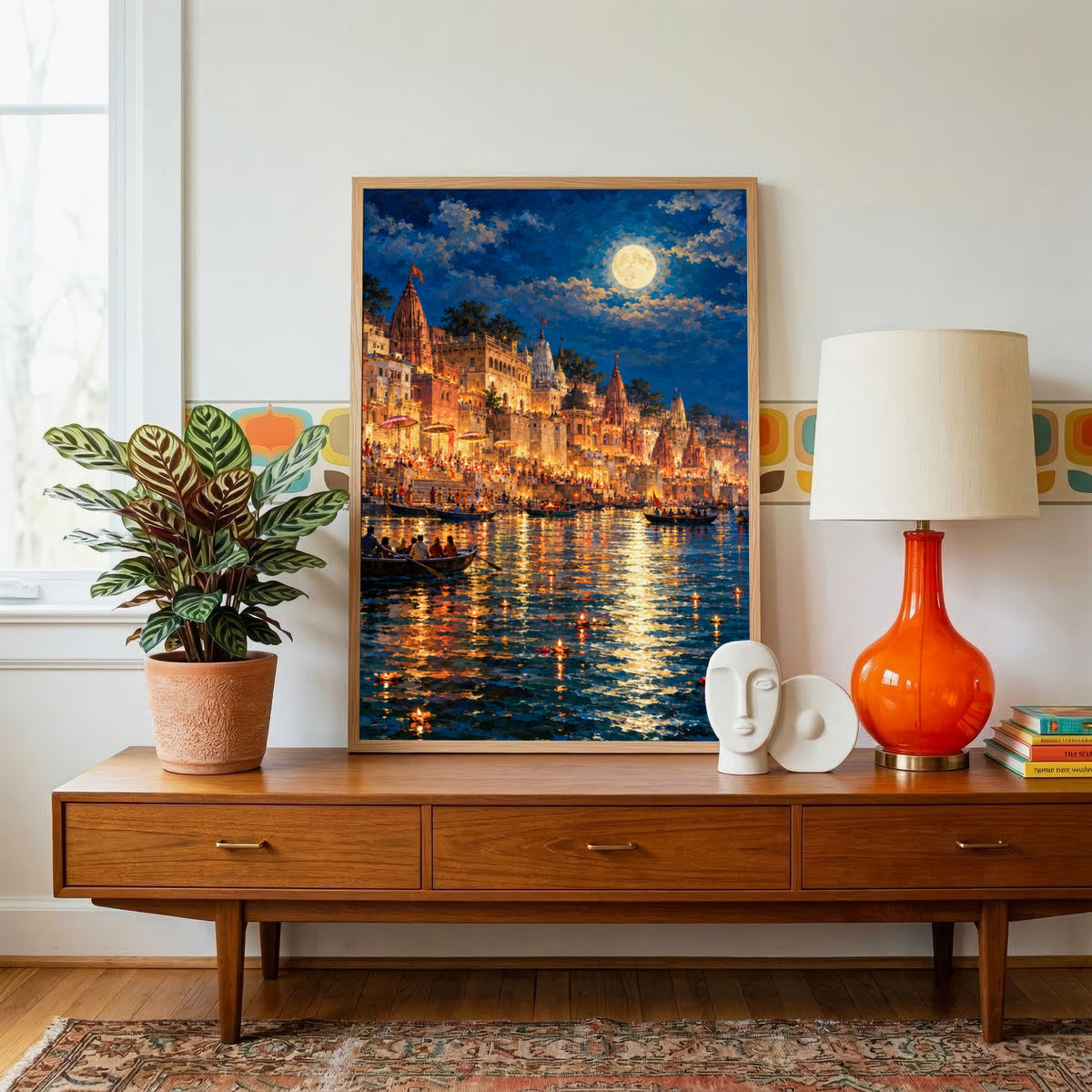 Kartik Purnima Kashi | Sacred Full Moon Ghats Night Canvas Art Curate Pinewood Premium Wall Art Canvas by MeriDeewar