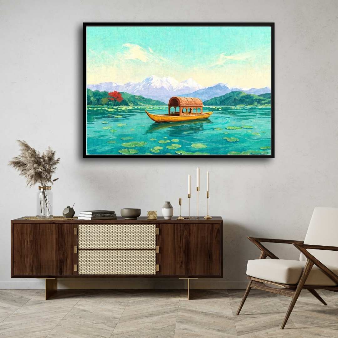 Kashmir Dal Lake Shikara Painting | Horizontal Landscape Framed Wall Art 2 : 3 Horizontal Premium Wall Art Canvas by MeriDeewar