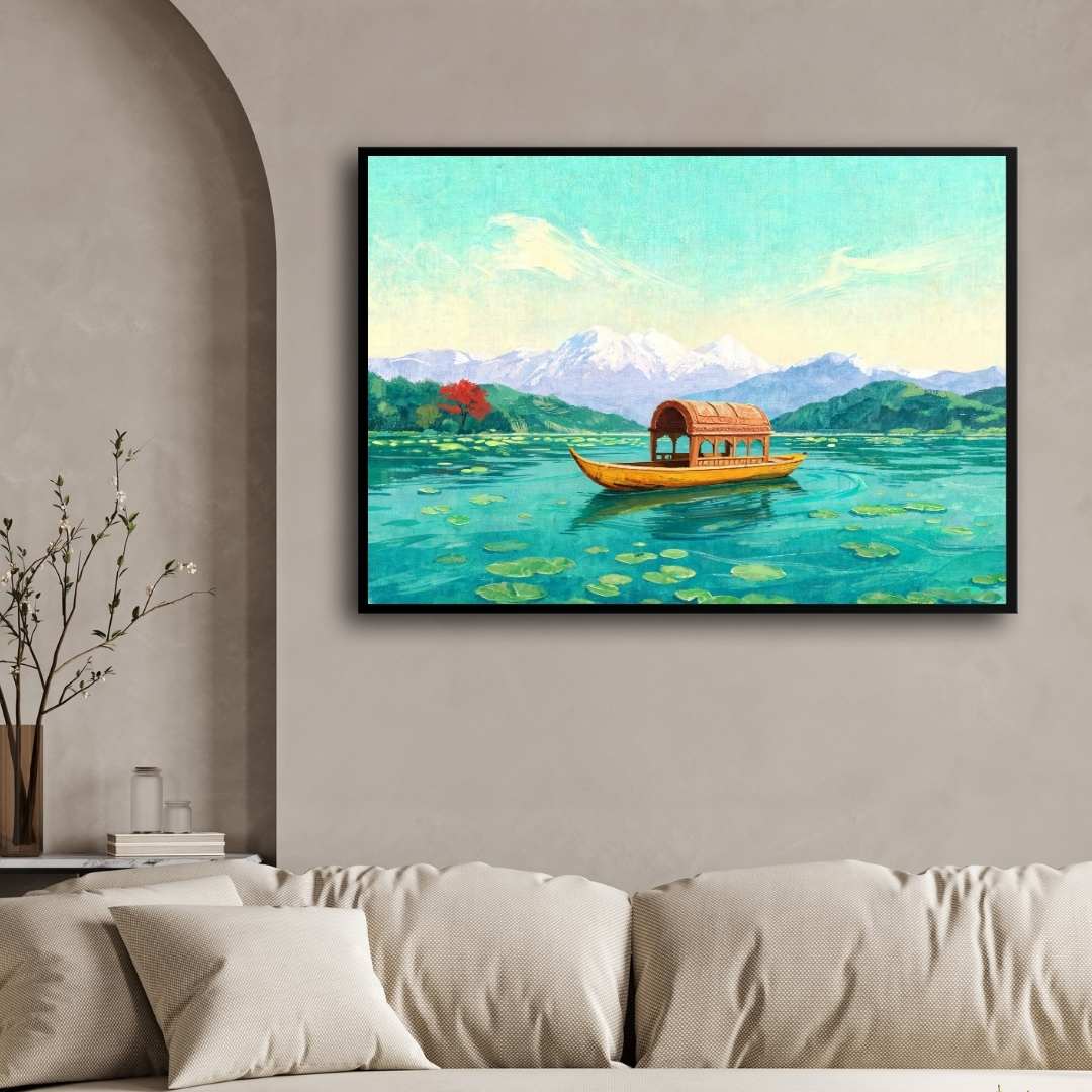Kashmir Dal Lake Shikara Painting | Horizontal Landscape Framed Wall Art 2 : 3 Horizontal Premium Wall Art Canvas by MeriDeewar