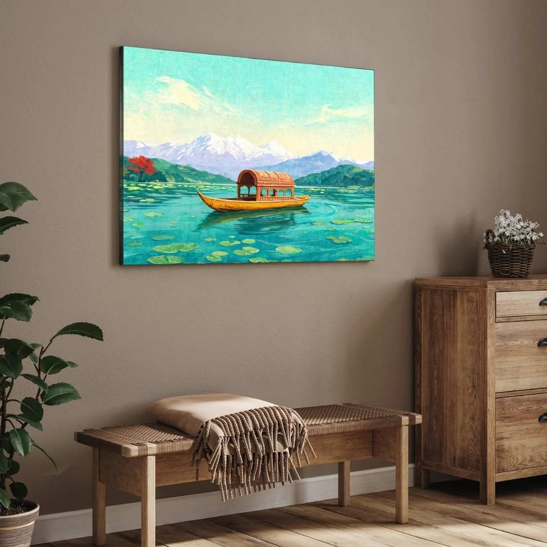 Kashmir Dal Lake Shikara Painting | Horizontal Landscape Framed Wall Art 2 : 3 Horizontal Premium Wall Art Canvas by MeriDeewar