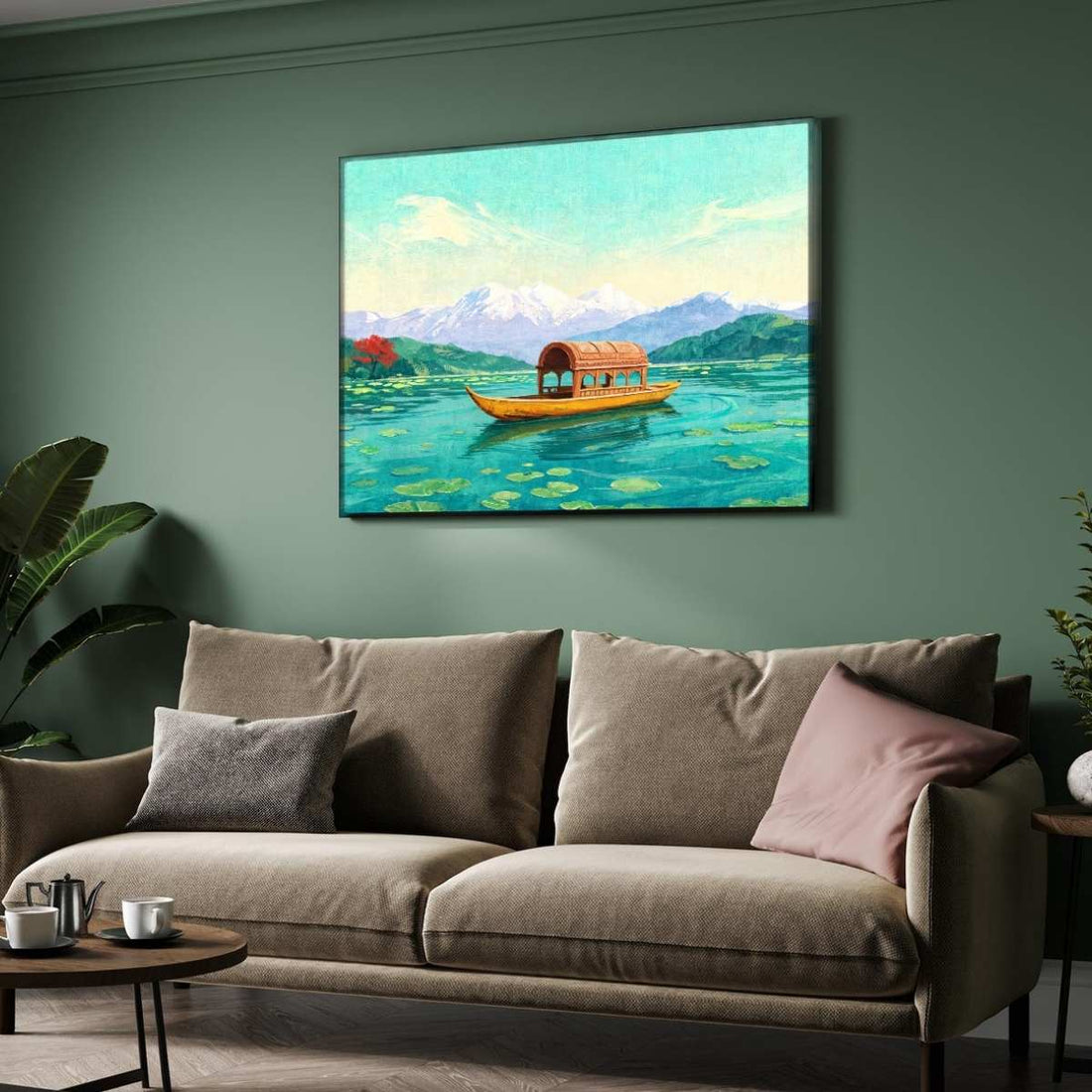 Kashmir Dal Lake Shikara Painting | Horizontal Landscape Framed Wall Art 2 : 3 Horizontal Premium Wall Art Canvas by MeriDeewar