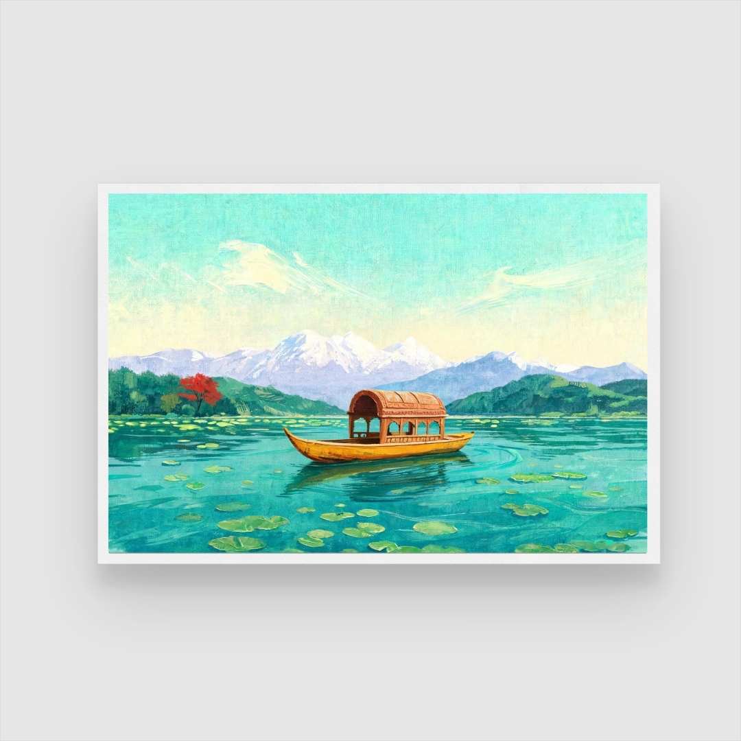 Kashmir Dal Lake Shikara Painting | Horizontal Landscape Framed Wall Art 2 : 3 Horizontal Premium Wall Art Canvas by MeriDeewar