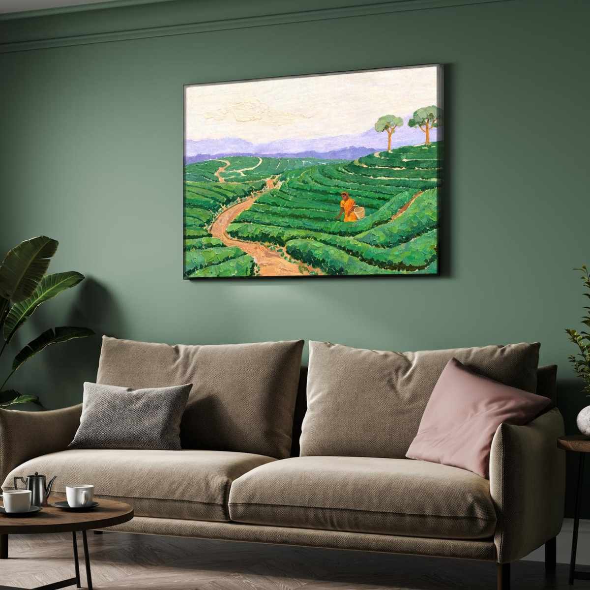 "Kerala Hillside Harvest" Tea Garden Landscape Giclée Print | Fine Art Wall Art 2 : 3 Horizontal Premium Wall Art Canvas by MeriDeewar