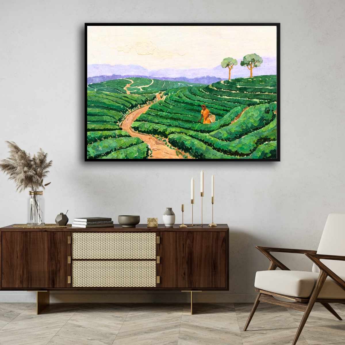 "Kerala Hillside Harvest" Tea Garden Landscape Giclée Print | Fine Art Wall Art 2 : 3 Horizontal Premium Wall Art Canvas by MeriDeewar