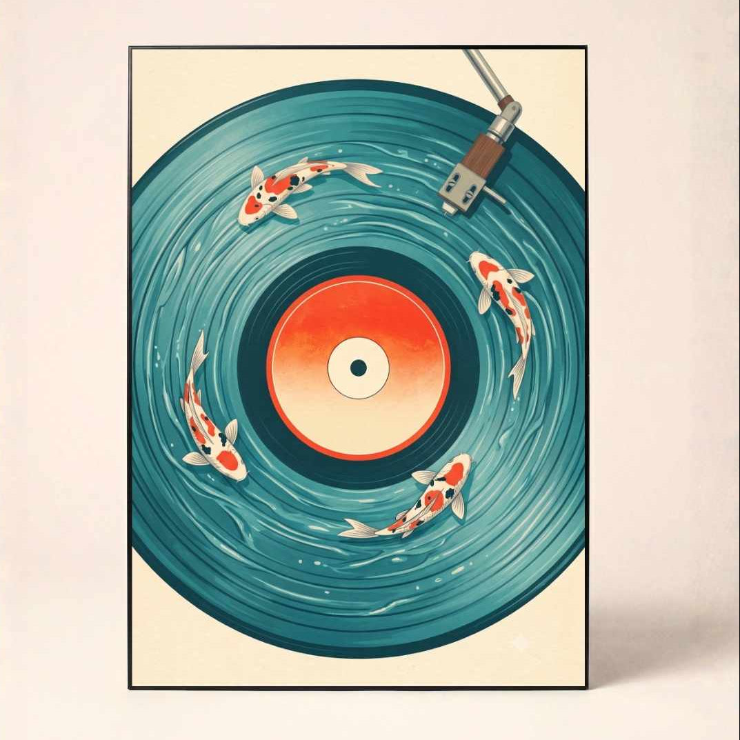 "Koi Vinyl Record" Surreal Music and Nature Art Poster | Vertical Borderless Art Frame Poster Premium Wall Art Canvas by MeriDeewar
