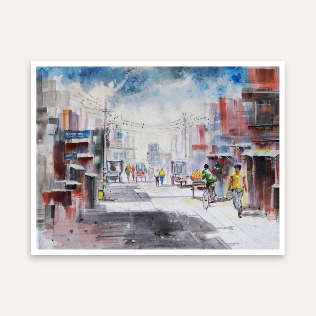 Kolkata Street Watercolour Painting for Living Room | Indian City Scenery Wall Art 5 : 4 Horizontal Premium Wall Art Canvas by MeriDeewar