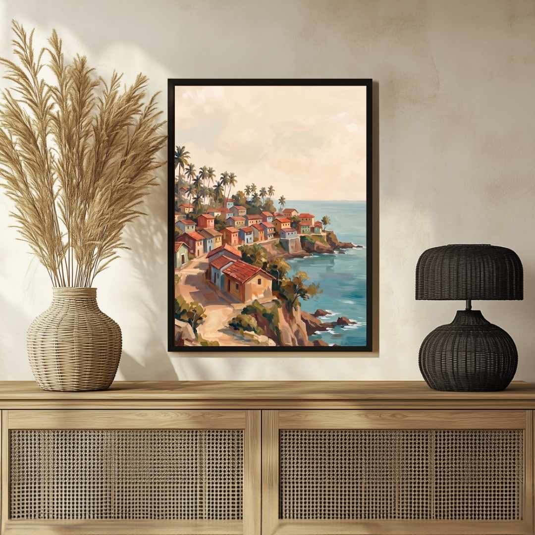 "Konkan Village" Seascape Architecture Giclée Print | Fine Art Wall Art 2 : 3 Vertical Premium Wall Art Canvas by MeriDeewar