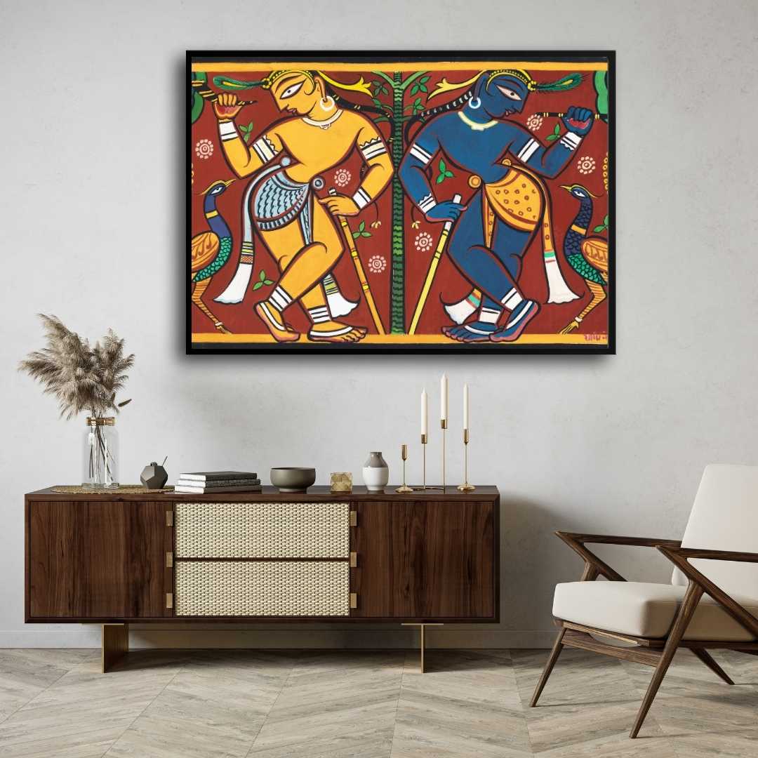 Krishna Balarama Painting for Living Room – Indian Folk Art Wall Decor | MeriDeewar 3 : 2 Horizontal Premium Wall Art Canvas by MeriDeewar