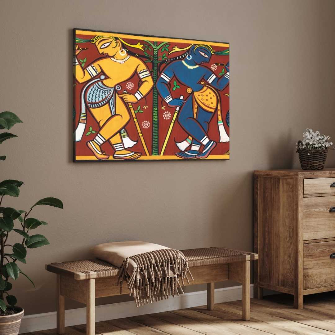 Krishna Balarama Painting for Living Room – Indian Folk Art Wall Decor | MeriDeewar 3 : 2 Horizontal Premium Wall Art Canvas by MeriDeewar