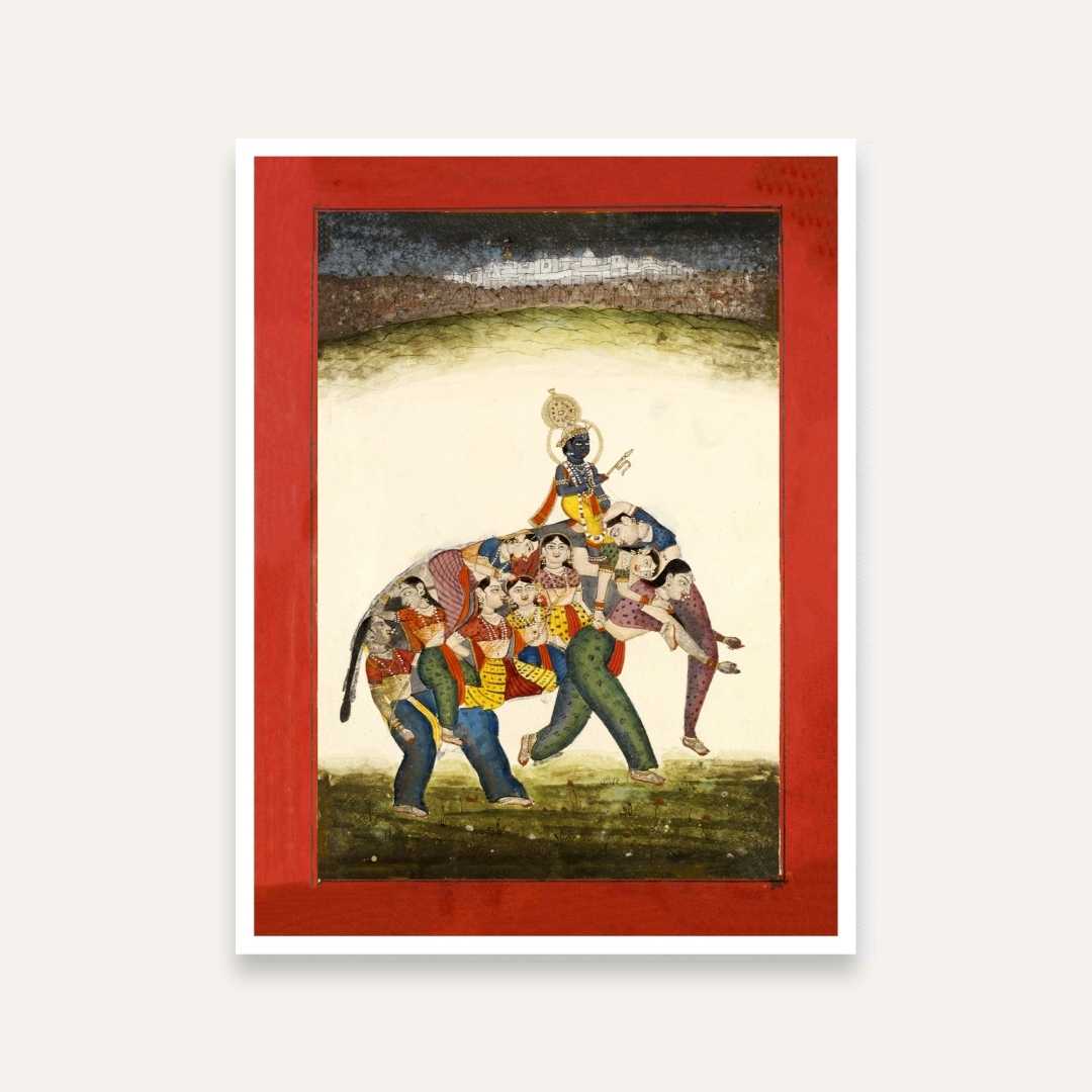 Krishna Gopi Elephant Rajasthani Miniature Painting for Living Room | Spiritual Wall Art India 3 : 4 Vertical Premium Wall Art Canvas by MeriDeewar