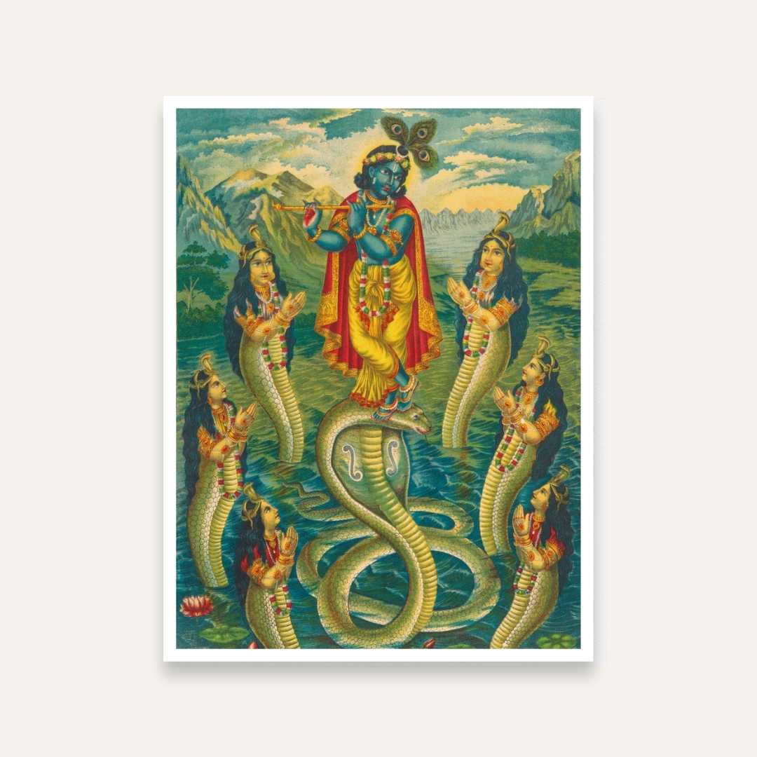 Krishna Kaliya Mardan Painting for Living Room | Spiritual Wall Art for Home India 4 X 5.5 Vertical Premium Wall Art Canvas by MeriDeewar