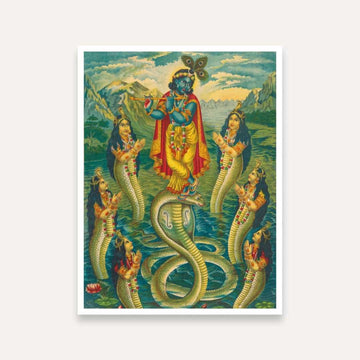 Krishna Kaliya Mardan Painting for Living Room | Spiritual Wall Art for Home India 4 X 5.5 Vertical Premium Wall Art Canvas by MeriDeewar