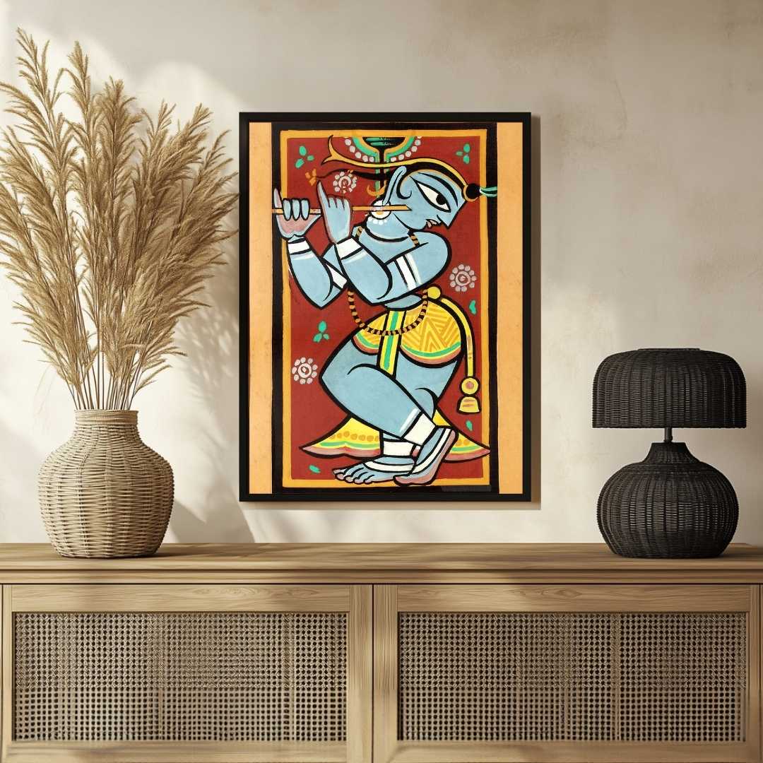 Krishna Painting for Living Room | Jamini Roy Style Folk Art | Spiritual Wall Art India 2 : 3 Vertical Premium Wall Art Canvas by MeriDeewar