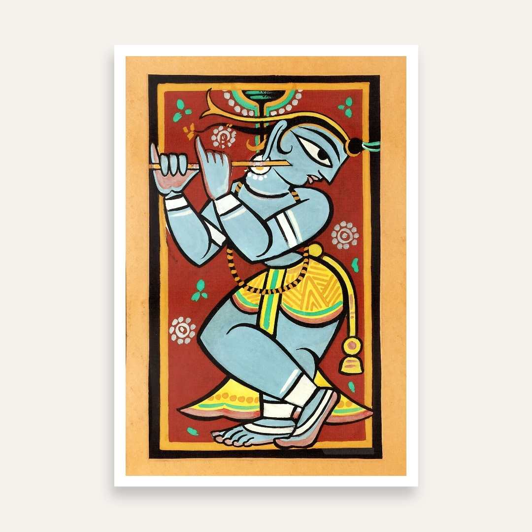 Krishna Painting for Living Room | Jamini Roy Style Folk Art | Spiritual Wall Art India 2 : 3 Vertical Premium Wall Art Canvas by MeriDeewar