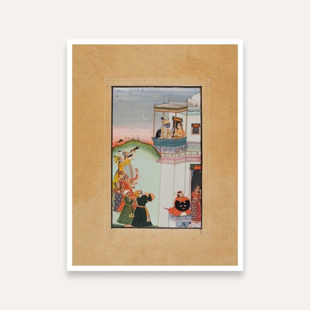 Krishna Palace Balcony Rajasthani Miniature Painting for Living Room | Wall Art Print 3 : 4 Vertical Premium Wall Art Canvas by MeriDeewar