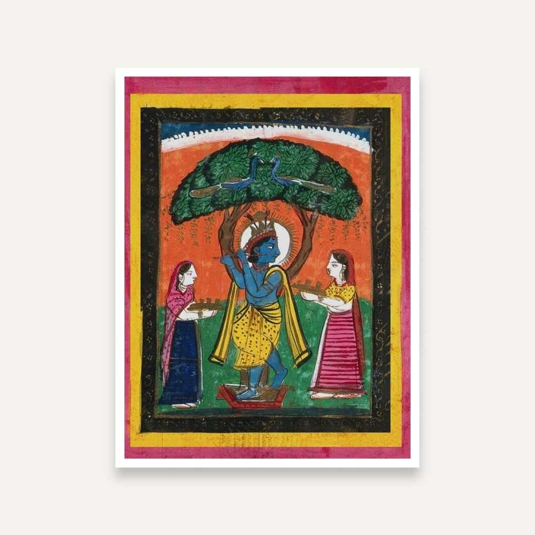 Krishna Playing Flute Painting for Living Room | Traditional Indian Wall Art Print 3 : 4 Vertical Premium Wall Art Canvas by MeriDeewar