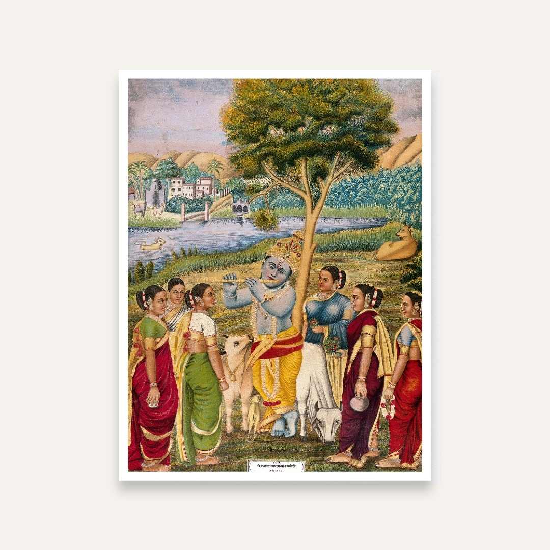Krishna Playing Flute with Gopis Painting for Living Room | Spiritual Wall Art India 4 :5 Vertical Premium Wall Art Canvas by MeriDeewar