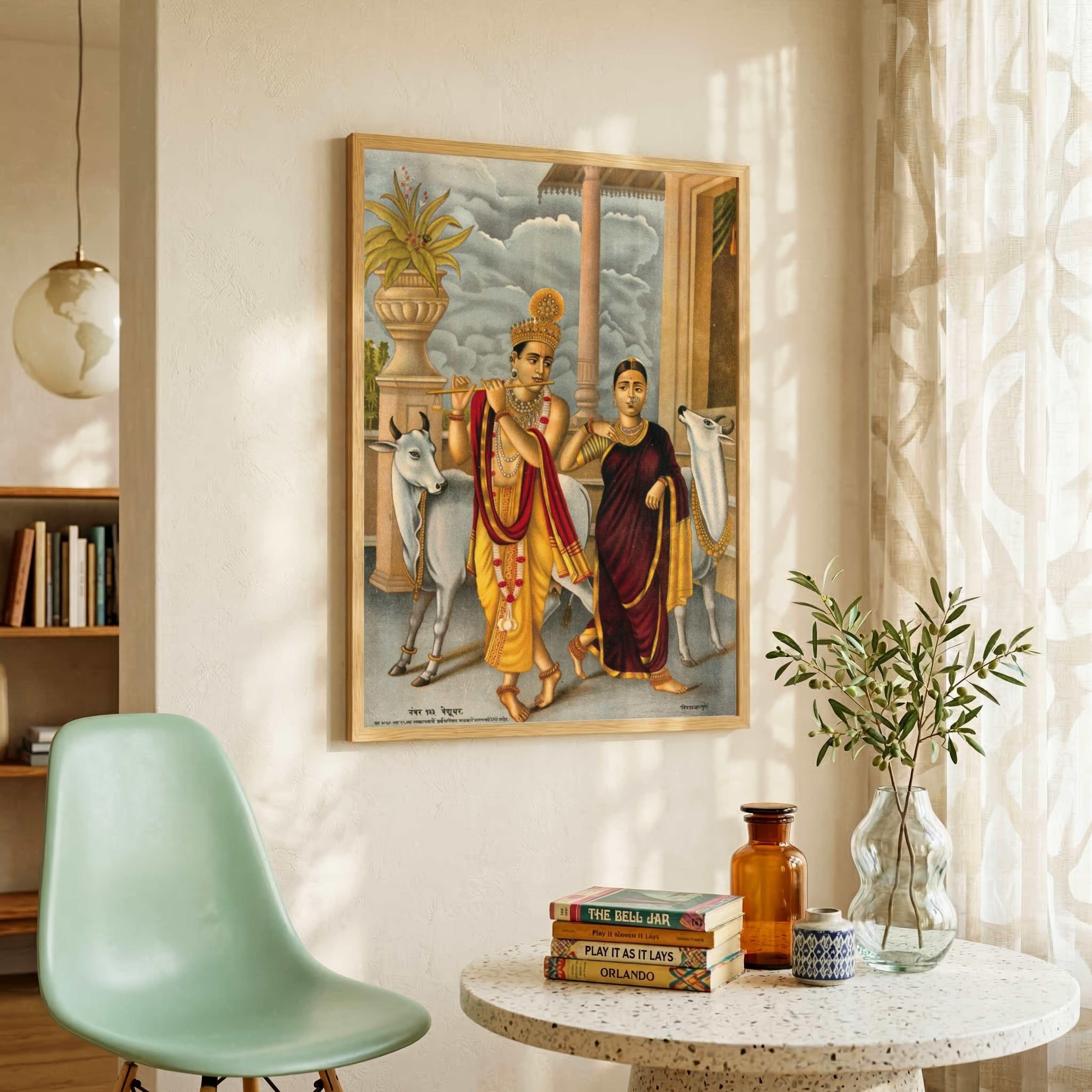 Krishna Playing Flute with Radha Painting | Spiritual Wall Art for Living Room & Pooja Room 3 : 4 Vertical Premium Wall Art Canvas by MeriDeewar