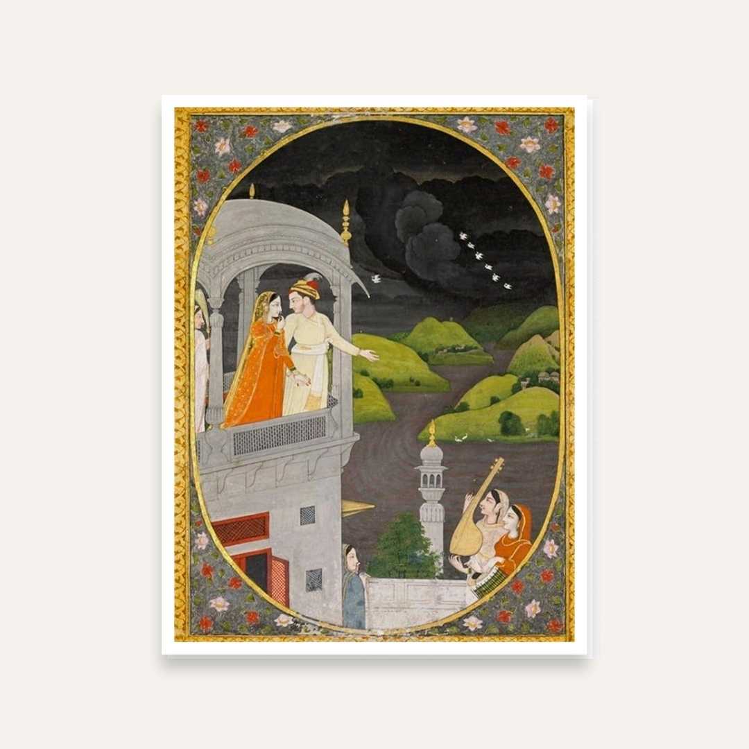 Krishna Radha Watching Rain Clouds Painting | Pahari Miniature Wall Art for Living Room 3 : 4 Vertical Premium Wall Art Canvas by MeriDeewar