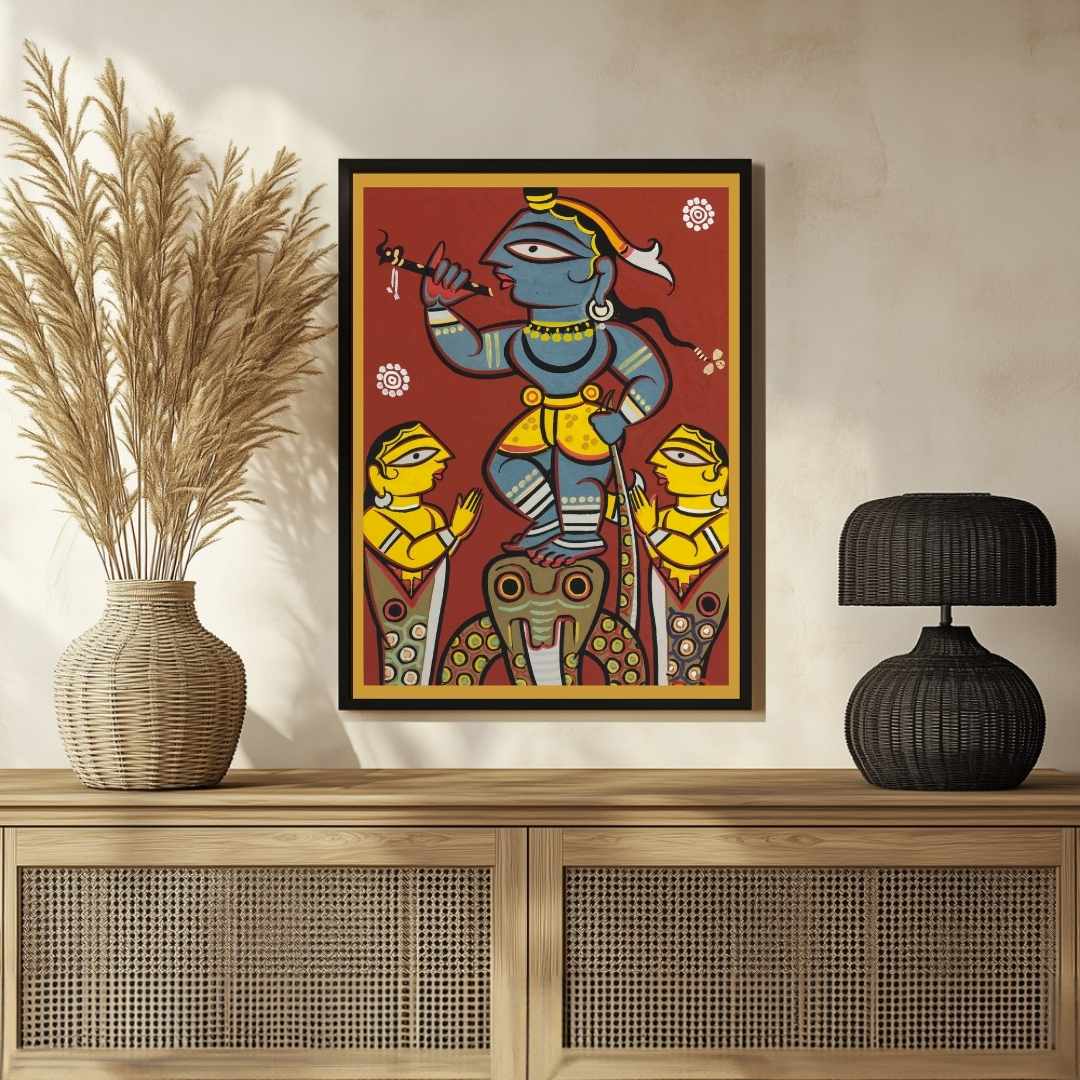 "Krishna Subduing Kaliya" Jamini Roy Painting | Fine Art Wall Art 2 : 3 Vertical Premium Wall Art Canvas by MeriDeewar