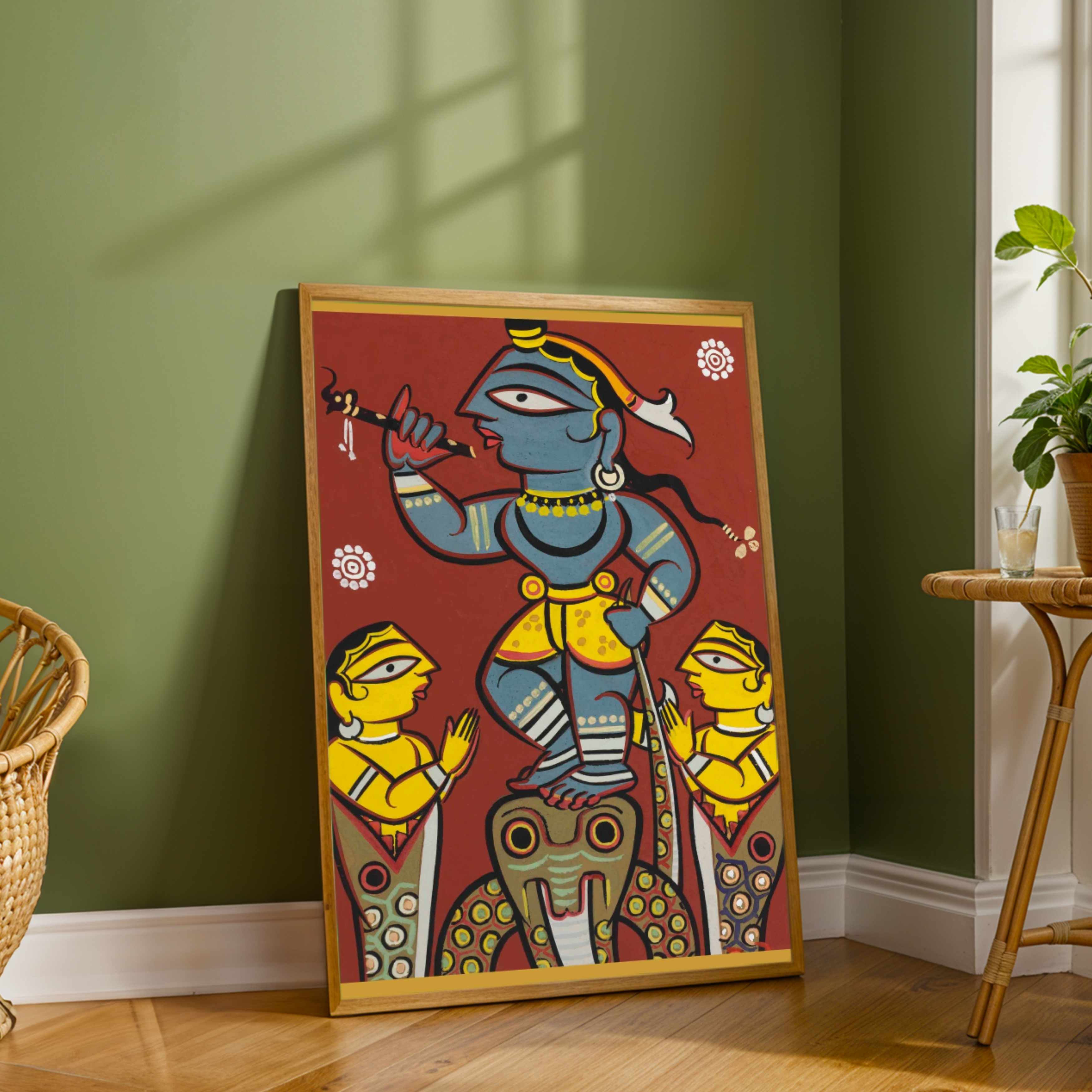 "Krishna Subduing Kaliya" Jamini Roy Painting | Fine Art Wall Art 2 : 3 Vertical Premium Wall Art Canvas by MeriDeewar