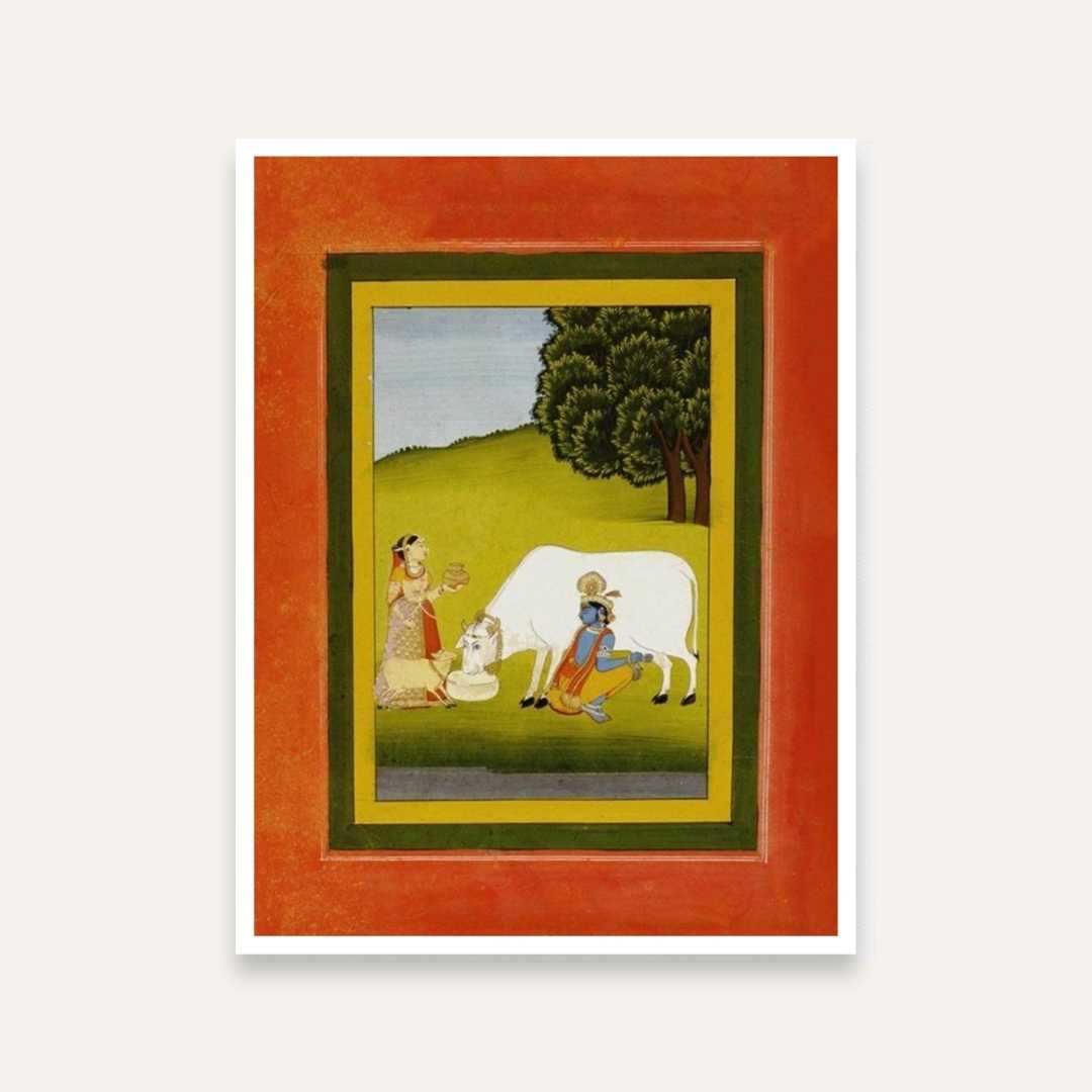 Krishna with Cow Painting for Living Room | Gopala Spiritual Wall Art | Pahari Style Print 3 : 4 Vertical Premium Wall Art Canvas by MeriDeewar