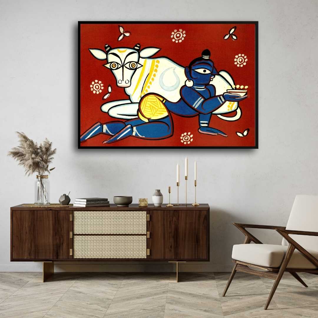 Krishna with Cow Painting for Living Room | Jamini Roy Style Spiritual Wall Art | MeriDeewar 3 : 2 Horizontal Premium Wall Art Canvas by MeriDeewar