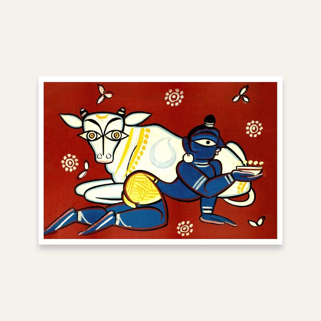 Krishna with Cow Painting for Living Room | Jamini Roy Style Spiritual Wall Art | MeriDeewar 3 : 2 Horizontal Premium Wall Art Canvas by MeriDeewar