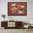 Krishna with Cows Painting for Living Room – Jamini Roy Folk Art | Spiritual Wall Art India 3 : 2 Horizontal Premium Wall Art Canvas by MeriDeewar