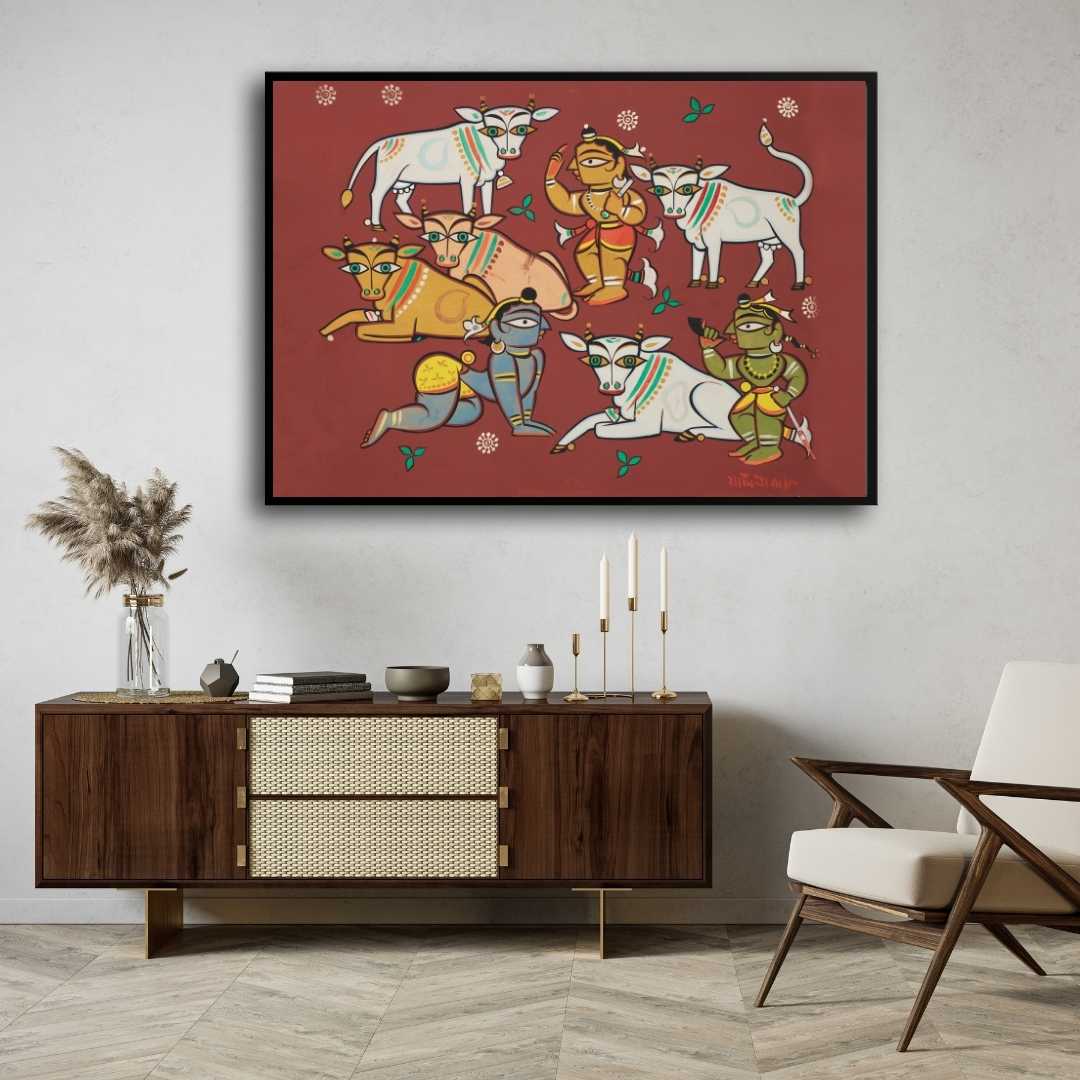 Krishna with Cows Painting for Living Room – Jamini Roy Folk Art | Spiritual Wall Art India 3 : 2 Horizontal Premium Wall Art Canvas by MeriDeewar