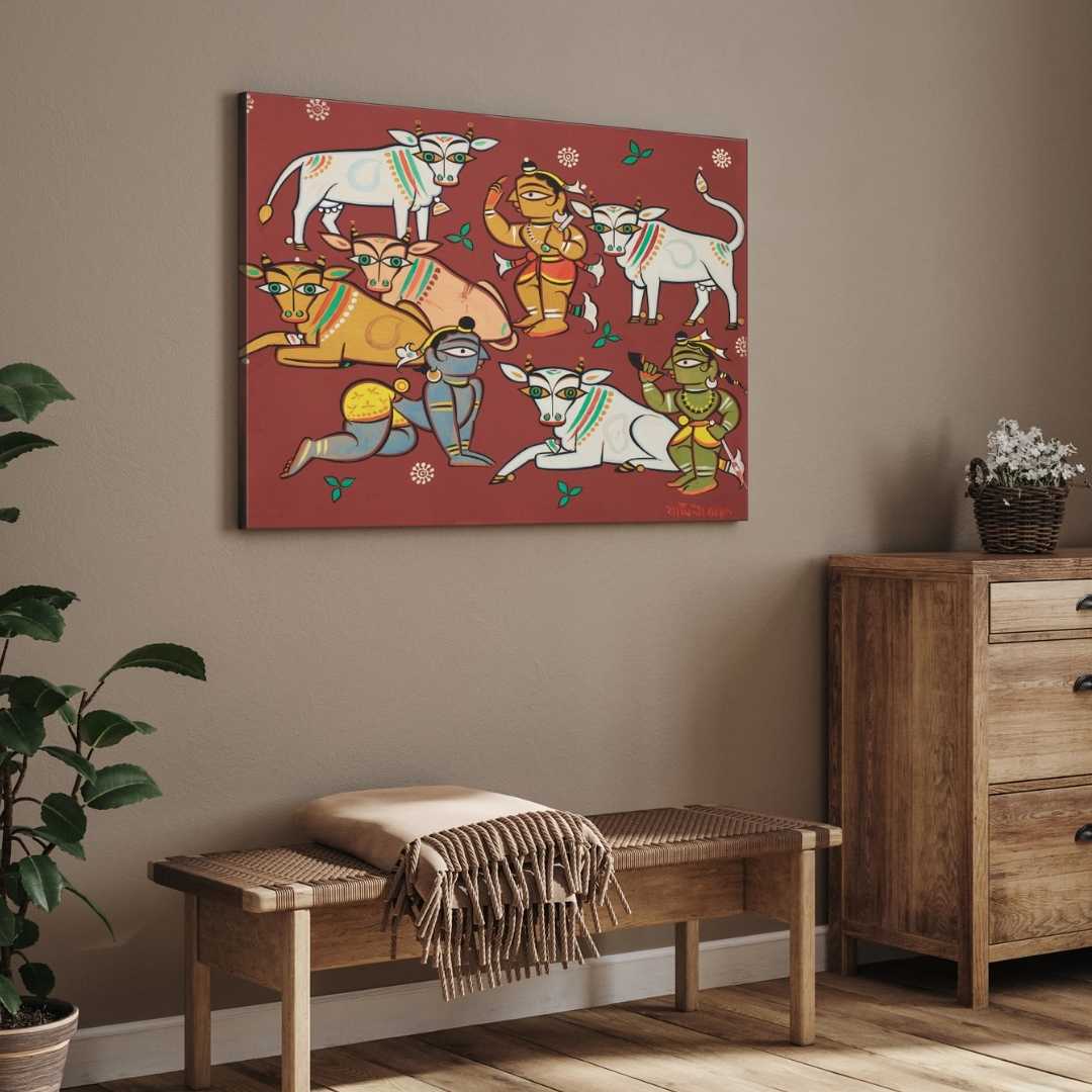 Krishna with Cows Painting for Living Room – Jamini Roy Folk Art | Spiritual Wall Art India 3 : 2 Horizontal Premium Wall Art Canvas by MeriDeewar