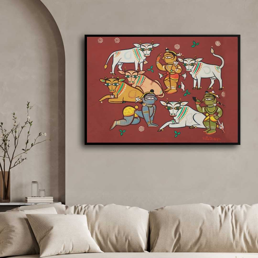 Krishna with Cows Painting for Living Room – Jamini Roy Folk Art | Spiritual Wall Art India 3 : 2 Horizontal Premium Wall Art Canvas by MeriDeewar